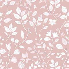 Fototapeta premium a minimalistic pattern with pastel colors, featuring white floral and leaf designs on a soft pink background,