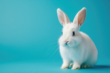 Obraz premium White rabbit on blue background. A fluffy little rabbit in a photo studio. Professional photo. Pet.