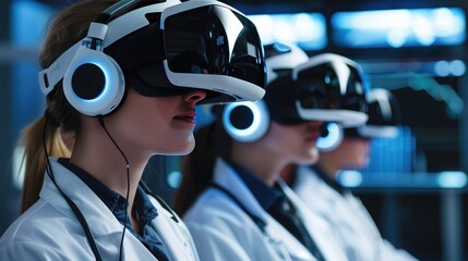 Virtual reality health education, medical students with immersive headsets, futuristic training