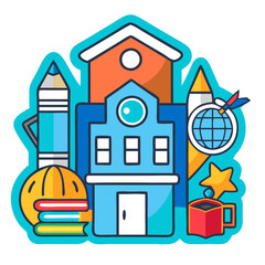 Naklejka premium cartoon school building with supplies in colorful style, sticker, back to school illustration, international literacy day, teacher's day