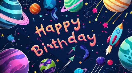 Vibrant Space-Themed Happy Birthday Background with Planets, Stars, and Rockets - Ideal for Cards and Posters