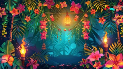 Vibrant Tropical Luau Birthday Background with Hula Dancers, Tiki Torches, and Colorful Floral Decorations