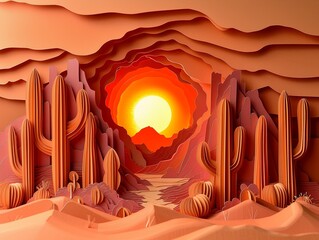 A beautiful 3D papercut illustration of a desert with cacti and a setting sun, with layered paper details for a rich, dimensional look, Papercut, Earthy tones, Detailed textures