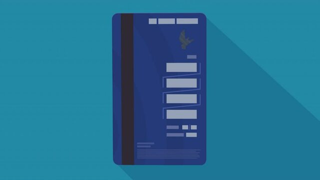 Appearance of a blue bank card (2023 version) on the front side with its electronic chip from the bottom to turn onto its back side on a blue background with long shadow (flat design)