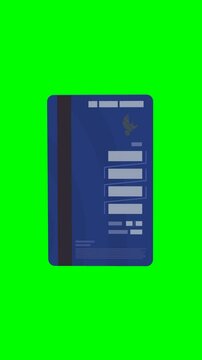 Appearance of a blue bank card (2023 version) on the front side with its electronic chip from the bottom to turn over to its back side on a green screen with alpha channel (flat design)