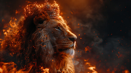 Lion king with a golden crown on a fire background, lion of Judah, perfect as wallpaper 