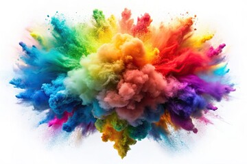 Vibrant rainbow hues erupt in a cloud-like formation, suspended in mid-air, against a pure white background, creating a mesmerizing abstract explosion of colored powder.
