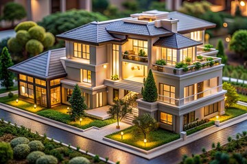 Intricately designed miniature replica of a luxurious modern home, blending cutting-edge 3D printing technology with precision handmade details