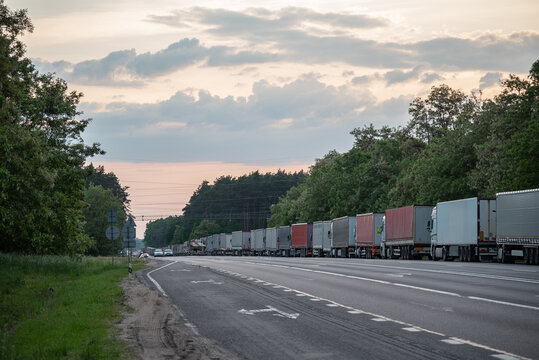 Oreched trucks on the border of Belarus and Poland