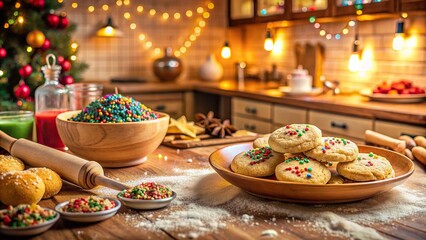 Naklejka premium Warmly lit kitchen counter with flour-dusted utensils, colorful sprinkles, and a plate of freshly baked cookies, evoking a sense of family bonding and tradition.