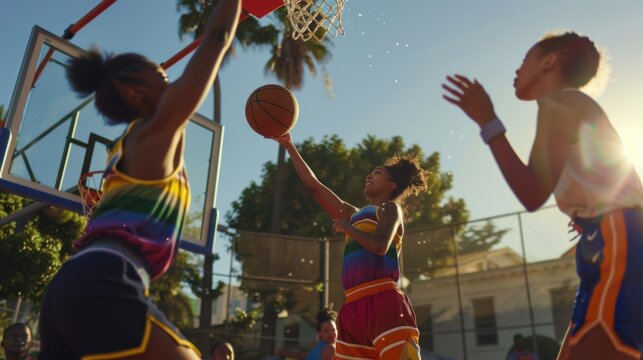 A group of young girls playing basketball