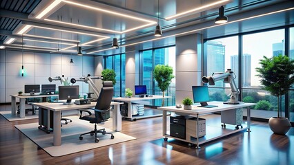 Sleek modern high-tech startup hub office features innovative gadgets, futuristic robotic arms, 3D printers, and holographic display screens amidst minimalist futuristic design elements.