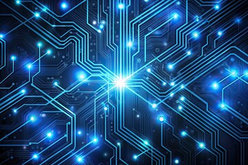 Fototapeta premium Intricate blue digital circuit pattern with glowing lines and nodes on a dark background, ideal for futuristic technology and web design visual elements.