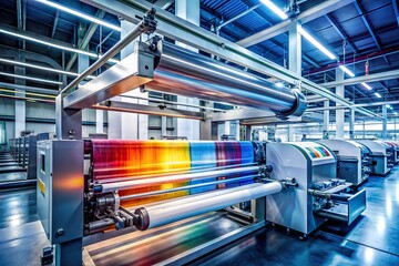 A high-speed printing machine efficiently produces vibrant, razor-sharp prints, showcasing advanced technology and precision engineering in a sleek, modern industrial setting.