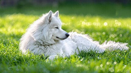 1. A peaceful Samoyed dog lying on a lush green lawn, its white fur contrasting beautifully with the vibrant grass. The dog appears to be deep in thought, with a serene expression on its face.
