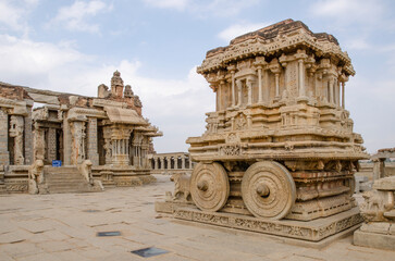 Stone chariot, the antique stone art at Vijaya Vitthala Temple, Hampi, Karnataka, India, Asia.