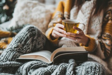 Woman sipping herbal tea while reading a book in a peaceful corner of her home, prioritizing self-care.