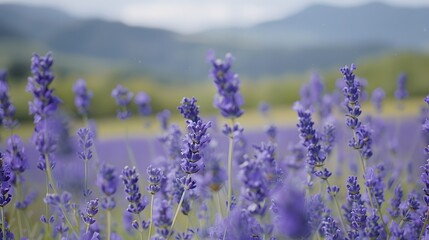 Naklejka premium Fragrant blue lavender flowers blossoming on vast field in peaceful summer farmland. 