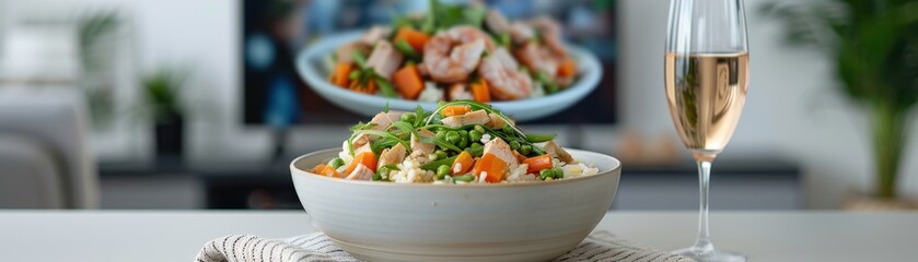 A bowl of food and a glass of wine on a table