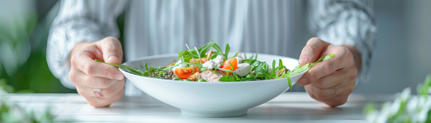 A person is holding a white bowl of salad
