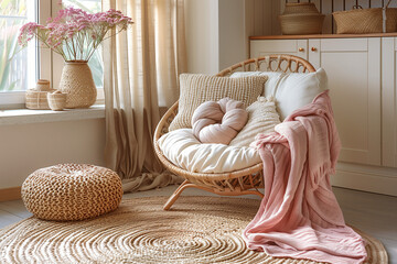 Cozy boho-style living room with rattan chair and soft pink accents. The space features warm natural light, textured decor, and a relaxing ambiance.