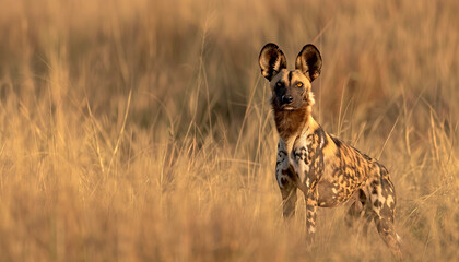Wild Dog in African savannas, Nature Wallpaper Background with Copy Space