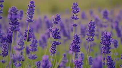 Obraz premium Fragrant blue lavender flowers blossoming on vast field in peaceful summer farmland. 