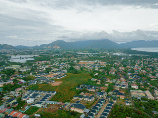 Aerial drone view of cityscape scenery in Banda Aceh, Aceh, Indonesia.