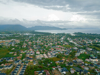 Aerial drone view of cityscape scenery in Banda Aceh, Aceh, Indonesia.