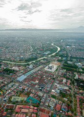 Aerial drone view of cityscape scenery in Banda Aceh, Aceh, Indonesia.
