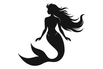 Silhouette of mermaids, mermaid tail, shells and starfish vector illustration.