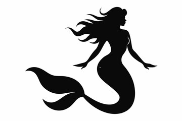 Silhouette of mermaids, mermaid tail, shells and starfish vector illustration.
