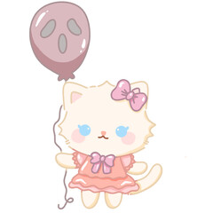 Hand drawn illustration kawaii cute pastel white cat kitten holding a ghost balloon