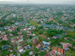 Aerial drone view of cityscape scenery in Banda Aceh, Aceh, Indonesia.