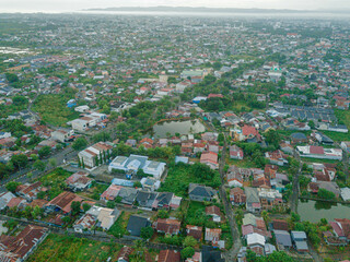 Aerial drone view of cityscape scenery in Banda Aceh, Aceh, Indonesia.