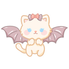 Hand drawn illustration kawaii cute pastel white cat kitten having wings like a bat