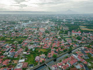 Aerial drone view of cityscape scenery in Banda Aceh, Aceh, Indonesia.