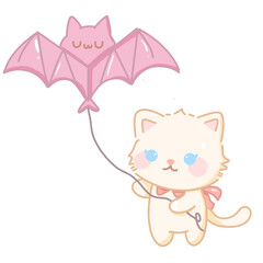 Hand drawn illustration kawaii cute pastel white cat kitten flying a kite in the shape of a bat