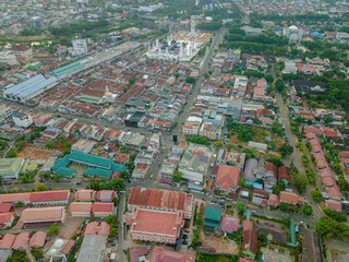Aerial drone view of big city skyline scenery in Banda Aceh, Aceh, Indonesia.