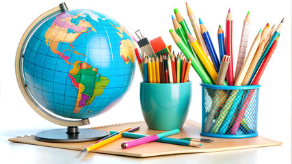 globe and school supplies on desk, illustration, colorful educational concept, white background, international literacy day, teacher's day
