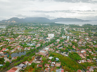 Aerial drone view of big city skyline scenery in Banda Aceh, Aceh, Indonesia.