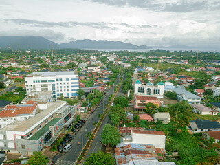 Aerial drone view of big city skyline scenery in Banda Aceh, Aceh, Indonesia.