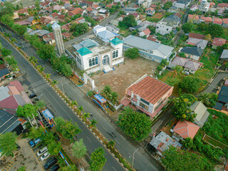 Aerial drone view of big city skyline scenery in Banda Aceh, Aceh, Indonesia.