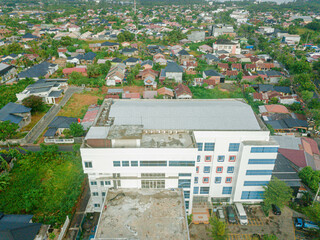 Aerial drone view of big city skyline scenery in Banda Aceh, Aceh, Indonesia.