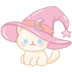Hand drawn illustration kawaii cute pastel white cat kitten wearing an oversized pink purple moon star witch hat