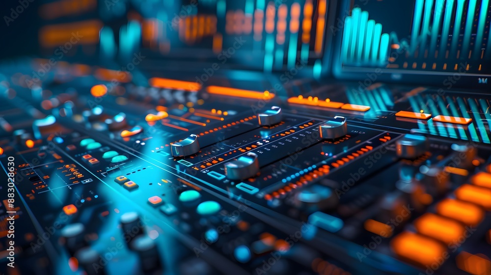 Poster mixing: a futuristic studio setup showing multiple audio tracks being balanced and combined in real-