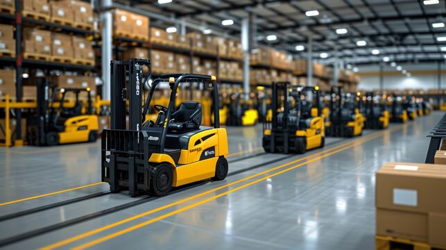 High-tech warehouse management system with automated guided vehicles (AGVs) transporting goods efficiently across the warehouse.