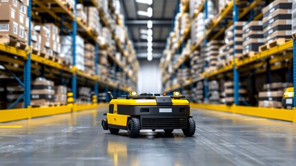 Interior of a warehouse using intelligent management systems, with robotic sorters and automated...