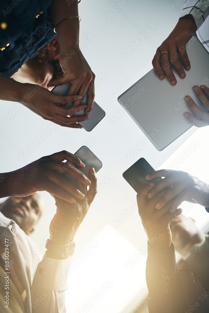 Poster technology, office and hands of people in circle for data sharing, meeting or collaboration with con