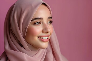 a beautiful smiling young woman in a hijab on a pink background